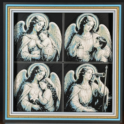 WTx3D FAITH Cherub Angels four panel framed layered art image featuring four coordinated angel-and-child Christian images in one framed faith art display.