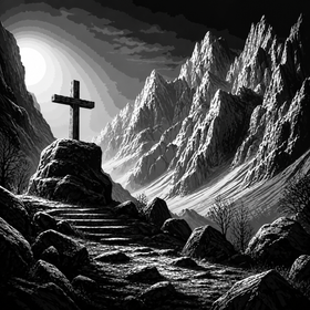 Framed 3D layered art piece featuring a solitary cross overlooking a mountain valley beneath a bright sky in dramatic black and white Christian artwork.