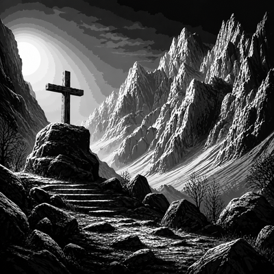 Framed 3D layered art piece featuring a solitary cross overlooking a mountain valley beneath a bright sky in dramatic black and white Christian artwork.