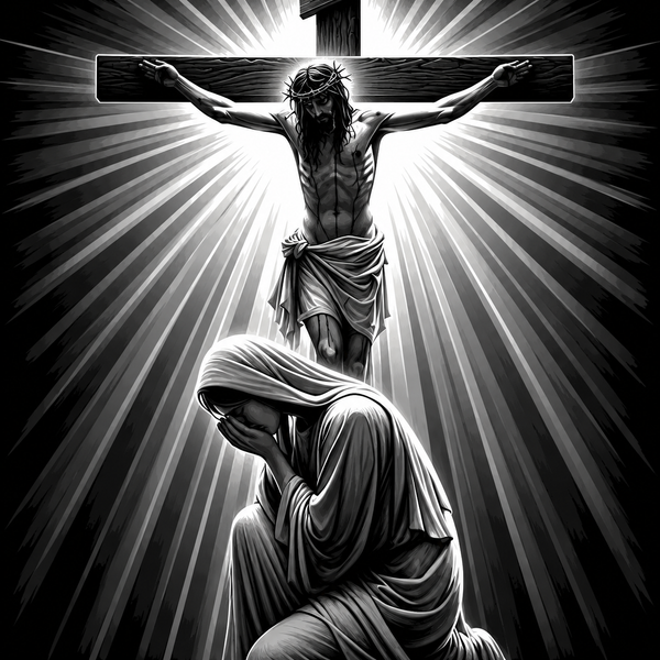 Framed 3D layered art piece featuring Jesus on the cross with a grieving figure beneath in dramatic black and white Christian artwork.
