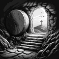 Framed 3D layered art piece featuring the empty tomb with the stone rolled away and a cross on the distant hillside in dramatic black and white Christian artwork.