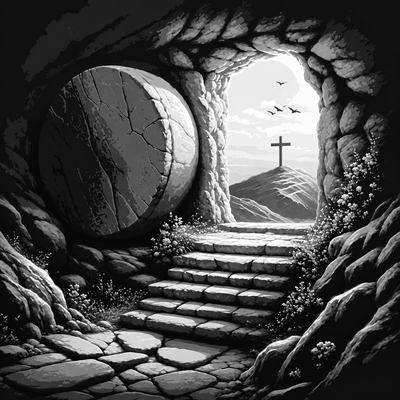 Framed 3D layered art piece featuring the empty tomb with the stone rolled away and a cross on the distant hillside in dramatic black and white Christian artwork.