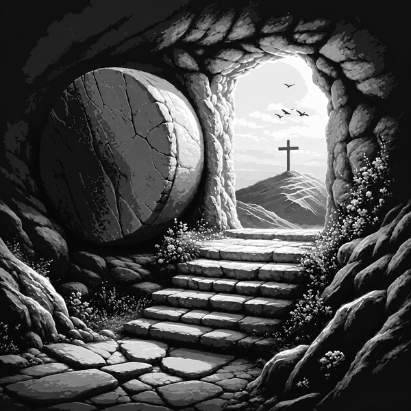Framed 3D layered art piece featuring the empty tomb with the stone rolled away and a cross on the distant hillside in dramatic black and white Christian artwork.