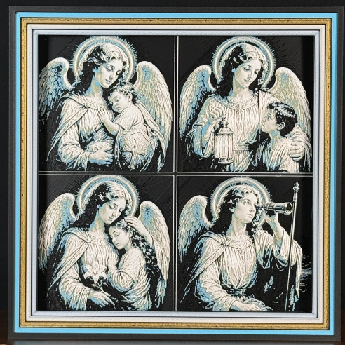 WTx3D FAITH Guardian Angels four panel framed layered art image featuring four coordinated angel-and-child Christian images in one framed faith art display.