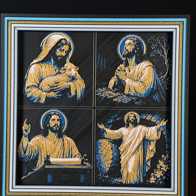 WTx3D FAITH Jesus Ministry Gold four panel framed layered art image featuring four coordinated Jesus-inspired Christian ministry scenes in one framed faith art display.