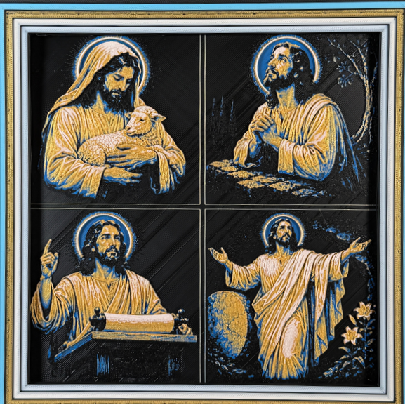 WTx3D FAITH Jesus Ministry Gold four panel framed layered art image featuring four coordinated Jesus-inspired Christian ministry scenes in one framed faith art display.