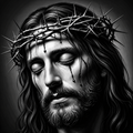 Framed 3D layered art piece featuring a close-up portrait of Jesus wearing the crown of thorns before the cross in dramatic black and white Christian artwork.