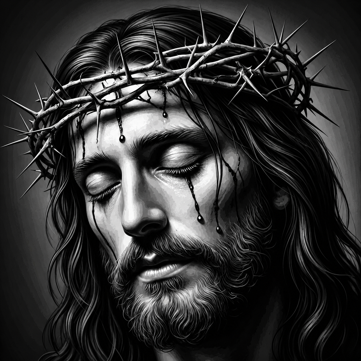 Framed 3D layered art piece featuring a close-up portrait of Jesus wearing the crown of thorns before the cross in dramatic black and white Christian artwork.