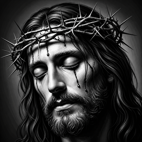 Framed 3D layered art piece featuring a close-up portrait of Jesus wearing the crown of thorns before the cross in dramatic black and white Christian artwork.