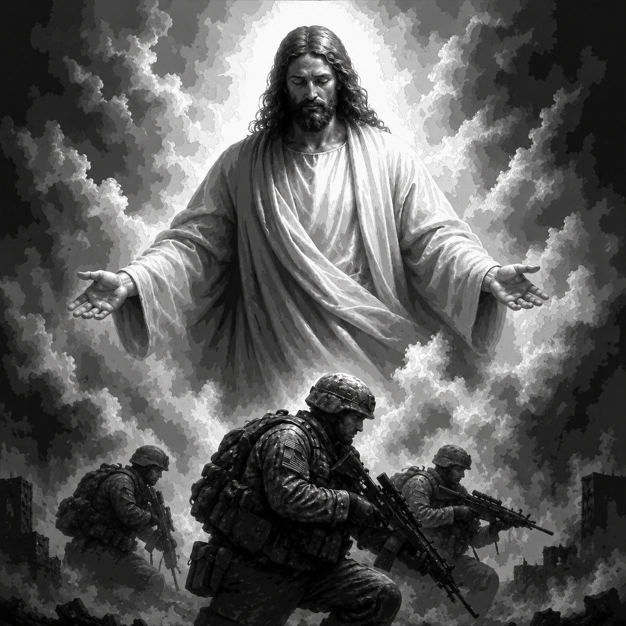 Jesus and Soldiers Grayscale Faith Framed Layered 3D Art, framed 3D layered art.