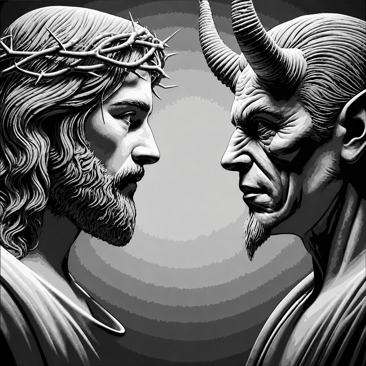 Jesus and Satan Grayscale Temptation Faith Framed Layered 3D Art, framed 3D layered art.