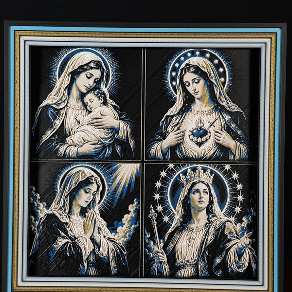 WTx3D FAITH Marian Prayer four panel framed layered art image featuring four Mary-inspired Christian prayer portraits in one framed faith art display.