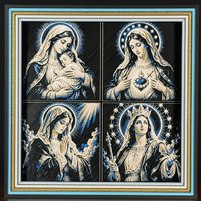 WTx3D FAITH Marian Prayer four panel framed layered art image featuring four Mary-inspired Christian prayer portraits in one framed faith art display.