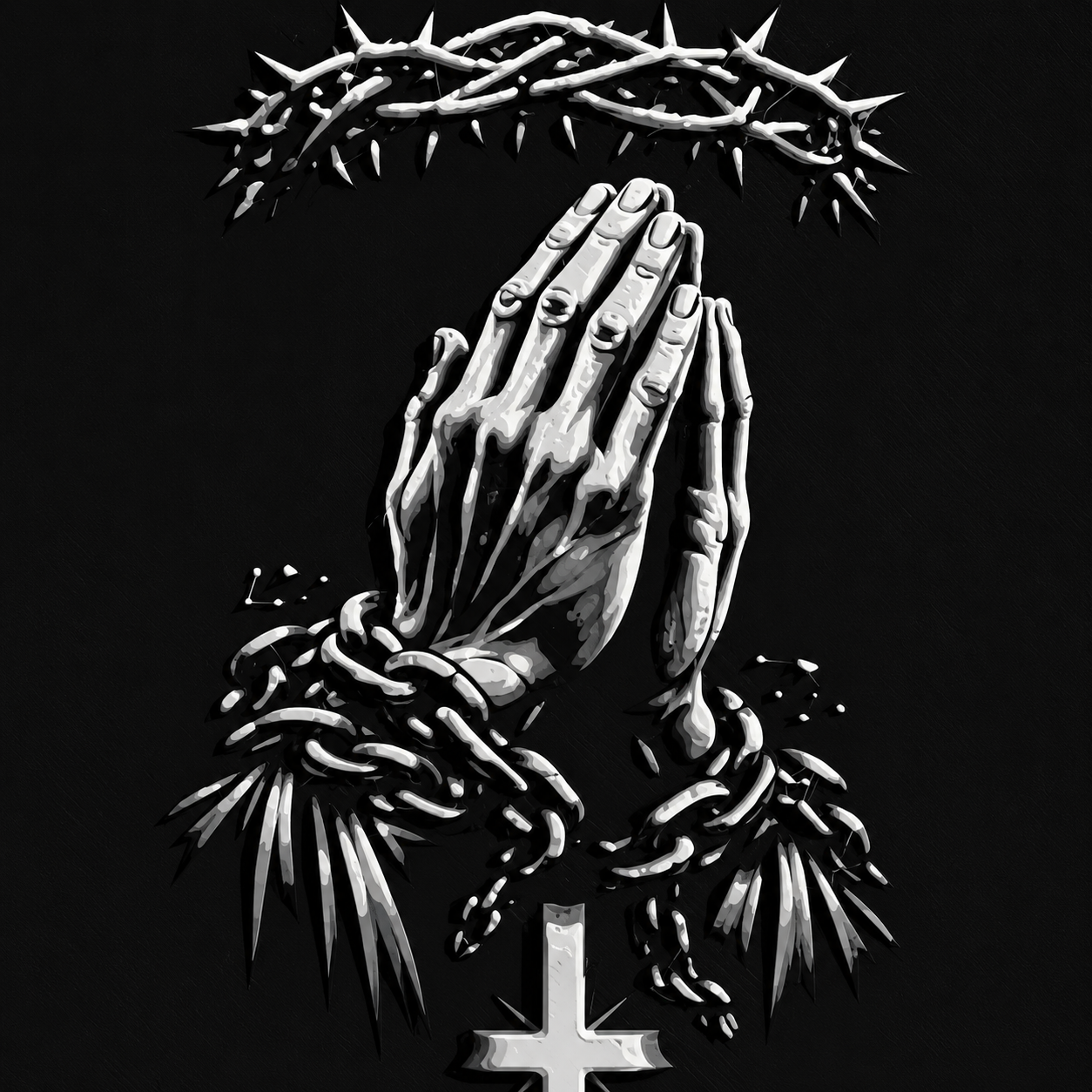Praying Hands Crown of Thorns Faith Grayscale Framed 3D Layered Art, framed 3D layered art.