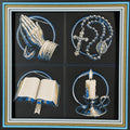 WTx3D FAITH Prayer Symbols four panel framed layered art image featuring praying hands, rosary, Bible, and candle symbols in one framed faith art display.
