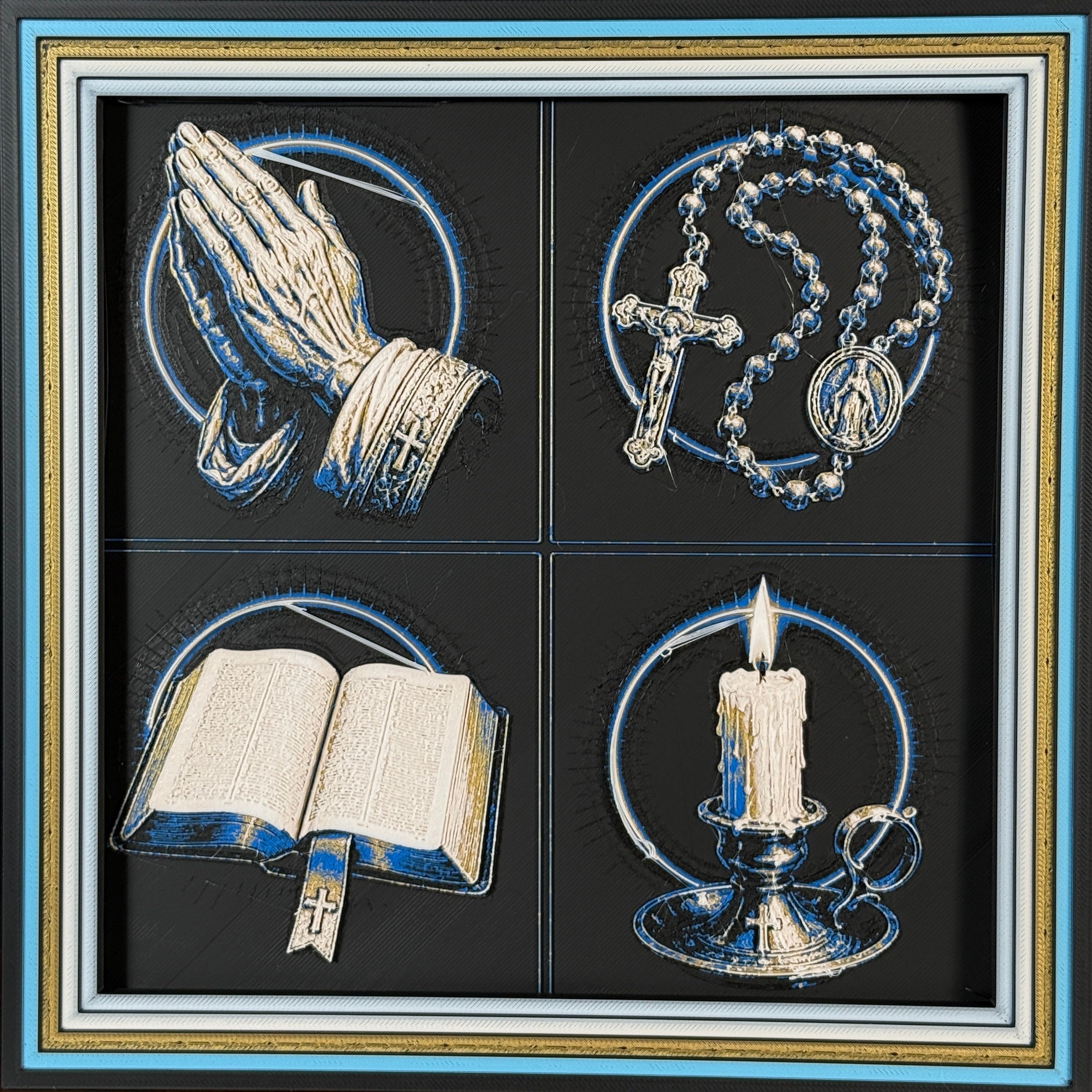 WTx3D FAITH Prayer Symbols four panel framed layered art image featuring praying hands, rosary, Bible, and candle symbols in one framed faith art display.