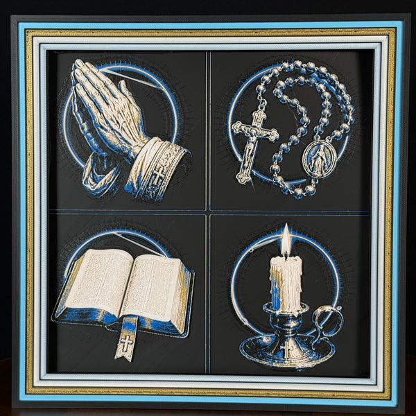WTx3D FAITH Prayer Symbols four panel framed layered art image featuring praying hands, rosary, Bible, and candle symbols in one framed faith art display.