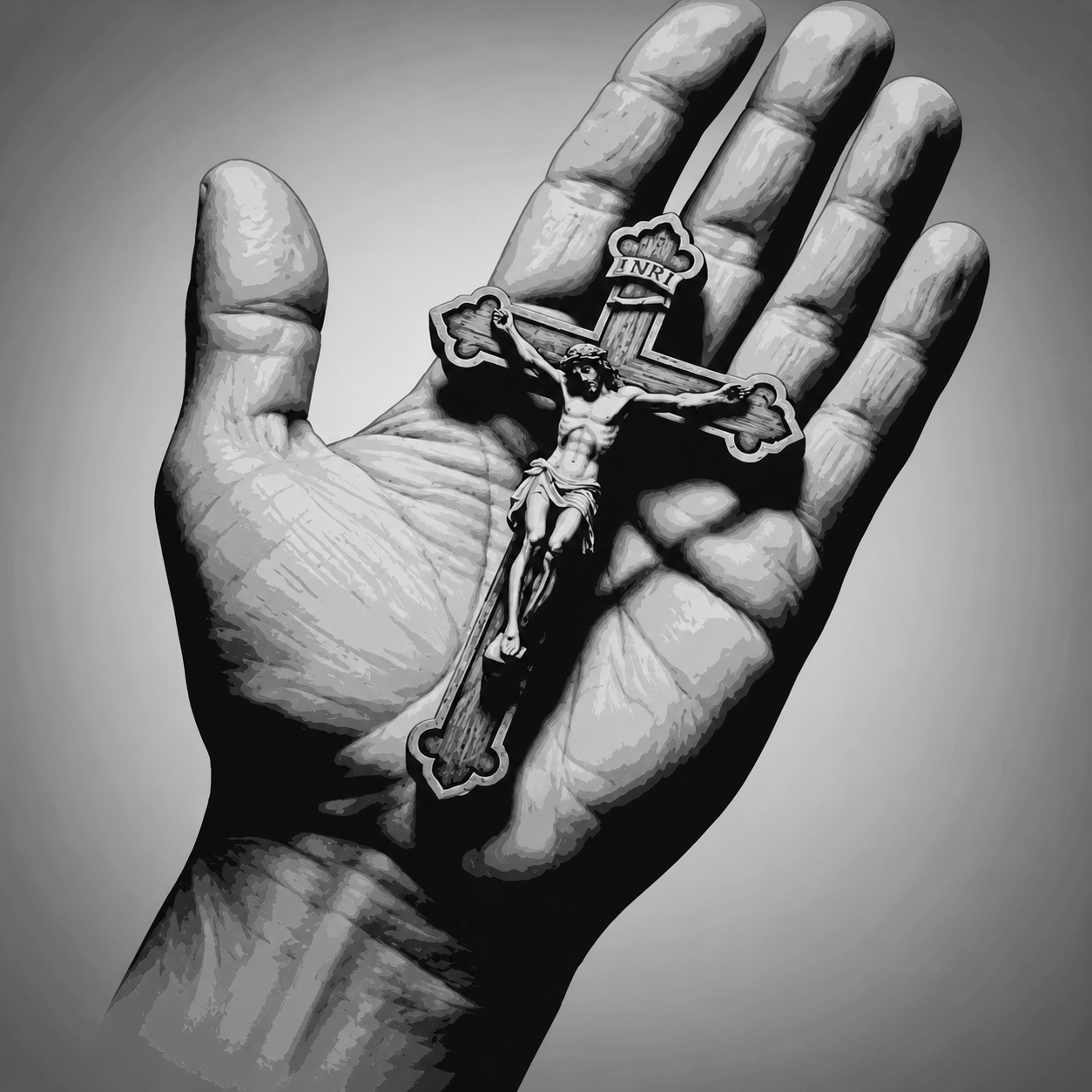 Cross in Hand Faith Grayscale Framed 3D Layered Art, framed 3D layered art.