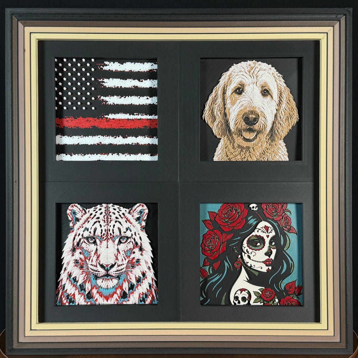 Framed Build Your Own 4-Pack custom 3D layered art displayed together in a premium four-opening frame - example of the 4-Pack format.
