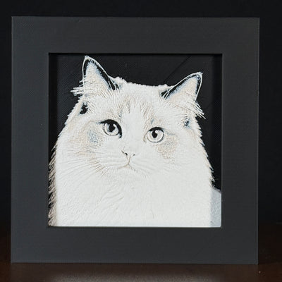 Framed 3D layered art piece featuring a highly detailed, textured portrait of a white long-haired Persian cat with alert ears and an elegant gaze.