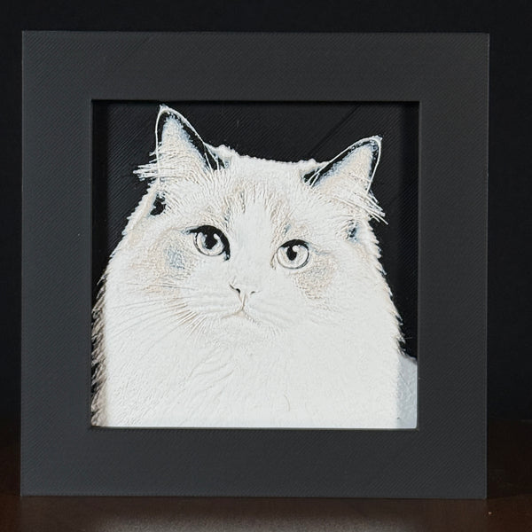 Framed 3D layered art piece featuring a highly detailed, textured portrait of a white long-haired Persian cat with alert ears and an elegant gaze.