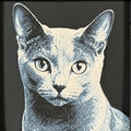 Framed 3D layered art piece featuring a highly detailed, textured portrait of a Russian Blue cat with large erect ears, alert eyes, and a sleek grey coat.