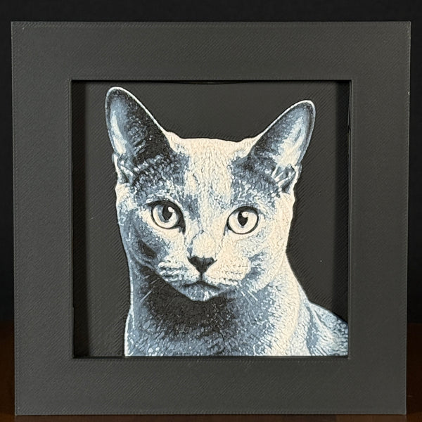 Framed 3D layered art piece featuring a highly detailed, textured portrait of a Russian Blue cat with large erect ears, alert eyes, and a sleek grey coat.