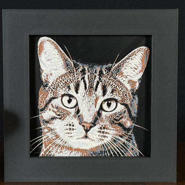 Framed 3D layered art piece featuring a highly detailed, textured portrait of a Tabby cat with distinctive brown and black striped fur and alert, expressive eyes.