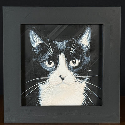 Framed 3D layered art piece featuring a highly detailed, textured portrait of a Tuxedo cat with alert, expressive eyes and a classic black and white coat pattern.