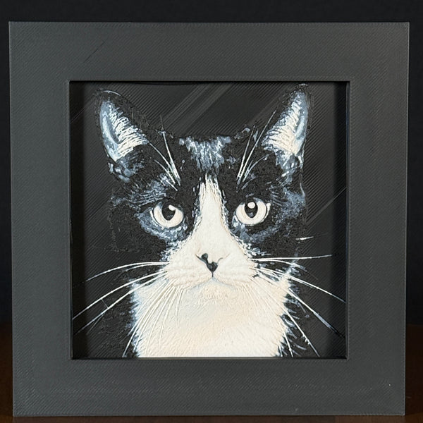 Framed 3D layered art piece featuring a highly detailed, textured portrait of a Tuxedo cat with alert, expressive eyes and a classic black and white coat pattern.