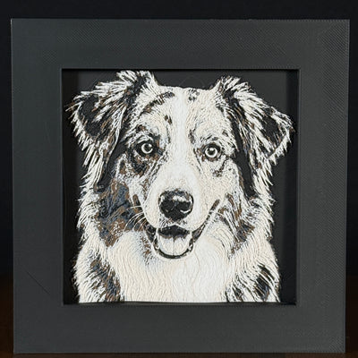 Framed 3D layered art piece featuring a highly detailed, textured portrait of an Australian Shepherd dog with alert eyes.