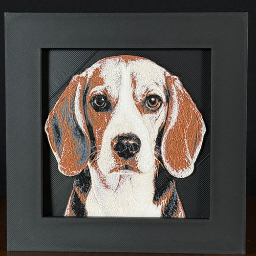 Framed 3D layered art piece featuring a highly detailed, textured portrait of a Beagle dog with floppy brown ears, expressive eyes, and a classic tricolor coat pattern.