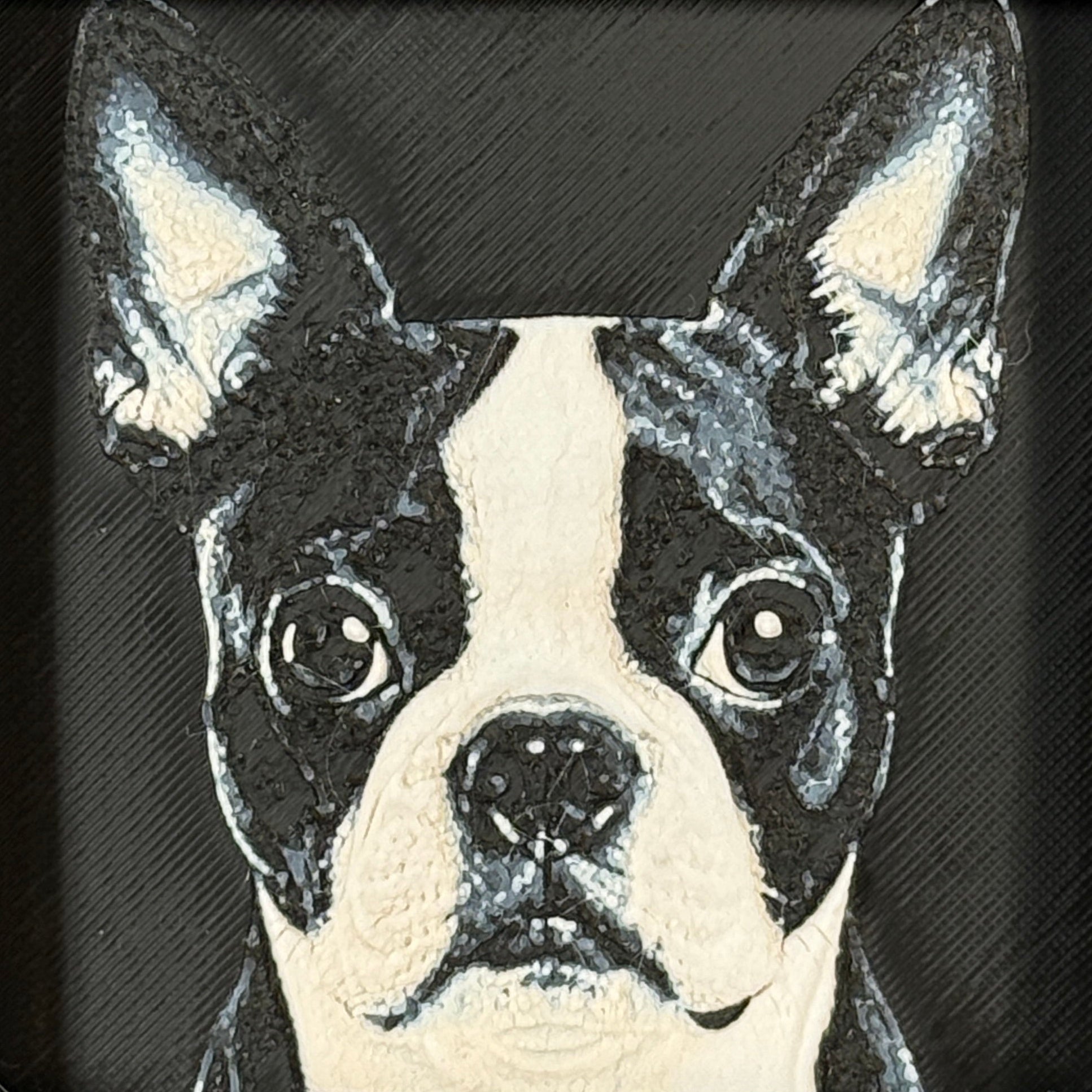 Framed 3D layered art piece featuring a highly detailed, textured portrait of a Boston Terrier dog with large erect ears, prominent round eyes, and a classic black and white coat pattern.