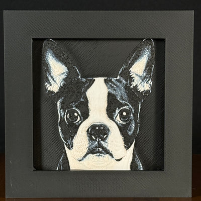 Framed 3D layered art piece featuring a highly detailed, textured portrait of a Boston Terrier dog with large erect ears, prominent round eyes, and a classic black and white coat pattern.