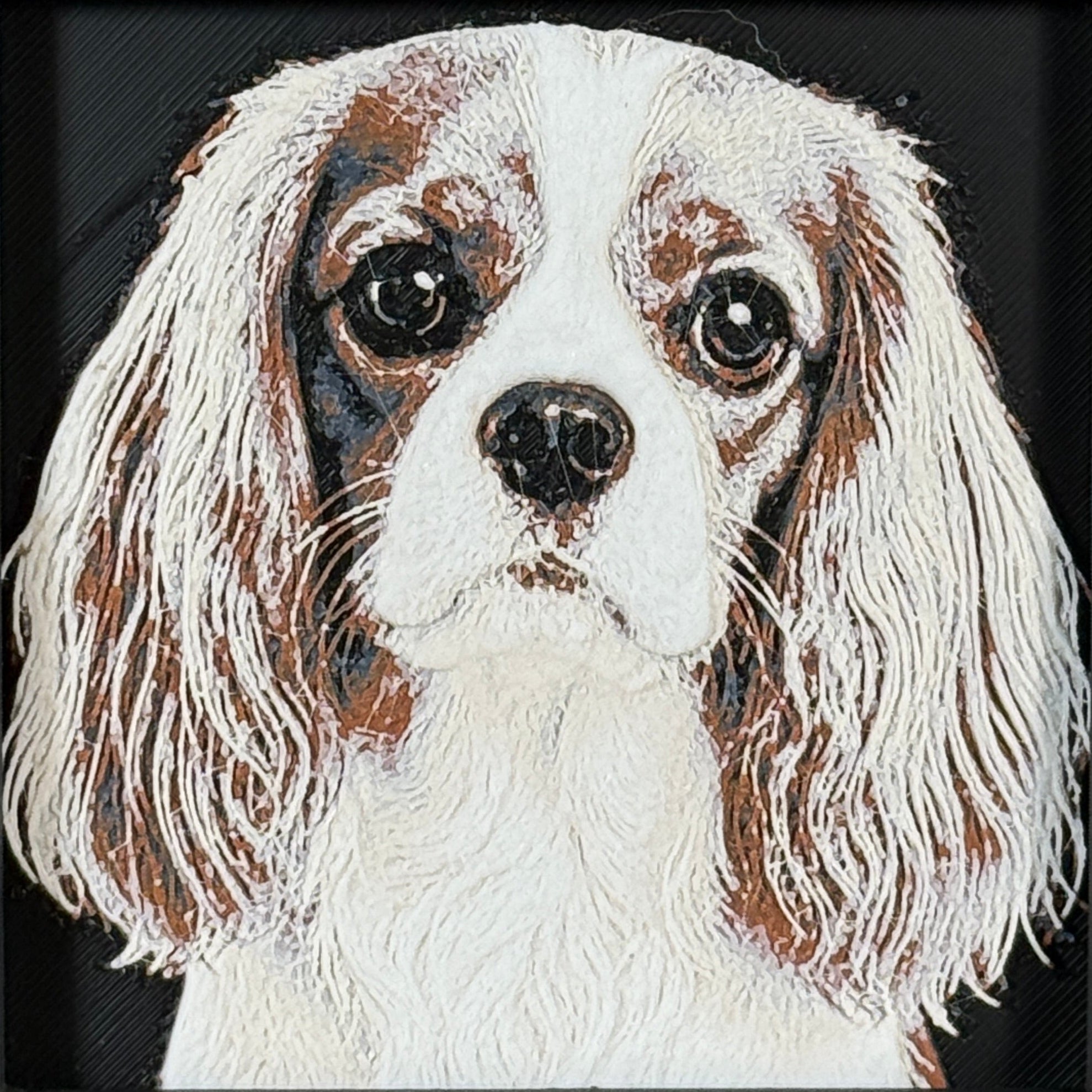 Framed 3D layered art piece featuring a highly detailed, textured portrait of a Cavalier King Charles Spaniel dog with long silky ears, large expressive eyes, and a brown and white coat pattern.