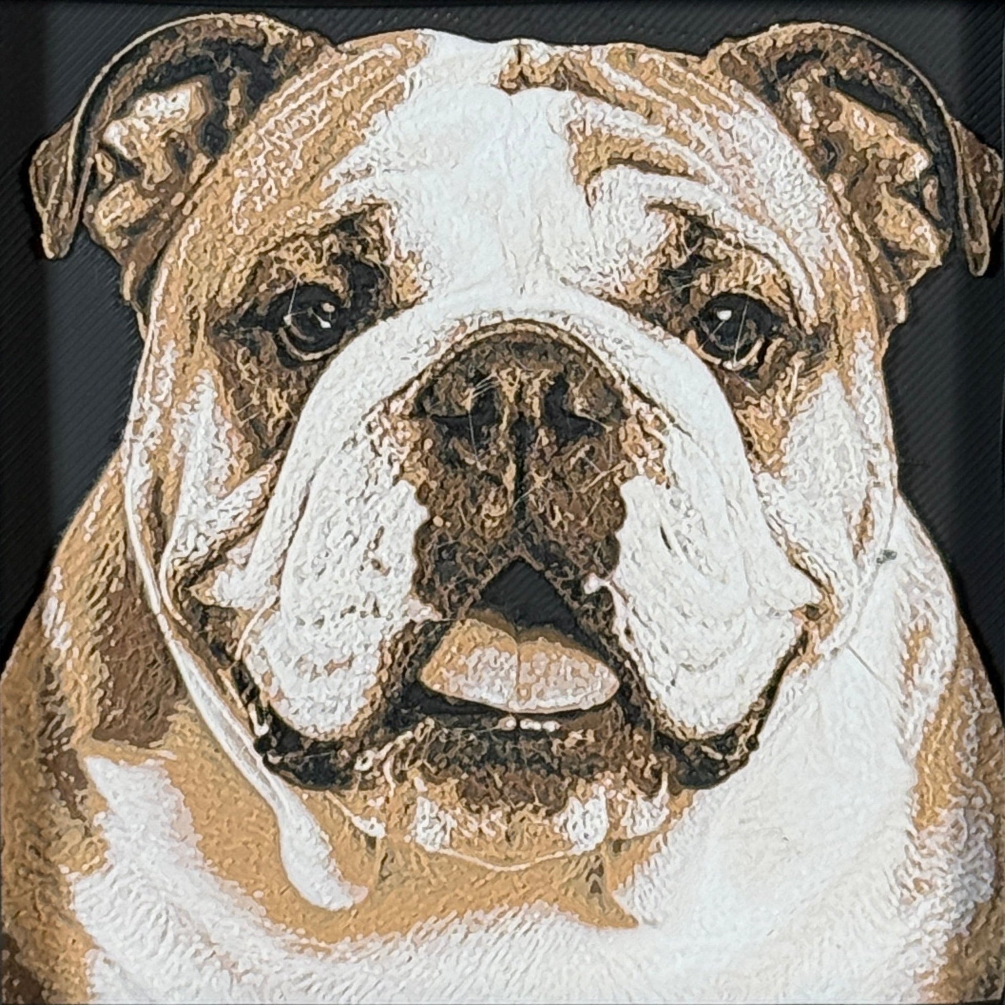 Framed 3D layered art piece featuring a highly detailed, textured portrait of an English Bulldog dog with a characterful wrinkled face, expressive eyes, and a brown and white coat pattern.