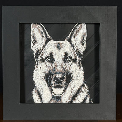 Framed 3D layered art piece featuring a highly detailed, textured portrait of a German Shepherd dog with erect pointed ears, alert eyes, and a classic black and tan coat pattern.