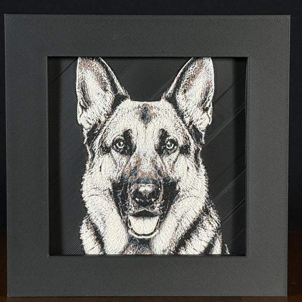 Framed 3D layered art piece featuring a highly detailed, textured portrait of a German Shepherd dog with erect pointed ears, alert eyes, and a classic black and tan coat pattern.