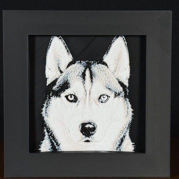 Framed 3D layered art piece featuring a highly detailed, textured portrait of a Husky dog with erect pointed ears, piercing alert eyes, and a classic black and white coat pattern.