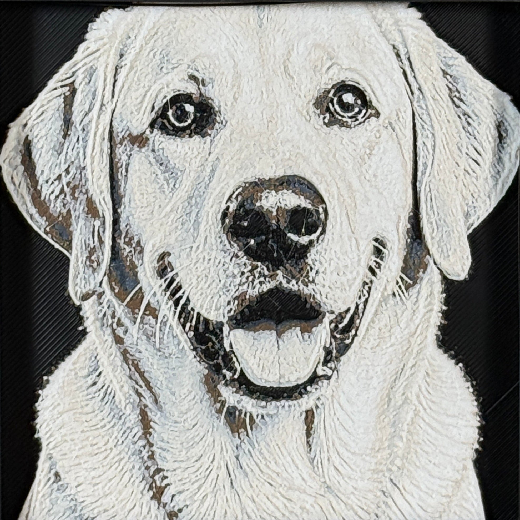 Framed 3D layered art piece featuring a highly detailed, textured portrait of a Yellow Labrador dog with a happy, open-mouthed expression, floppy ears, and bright, expressive eyes.