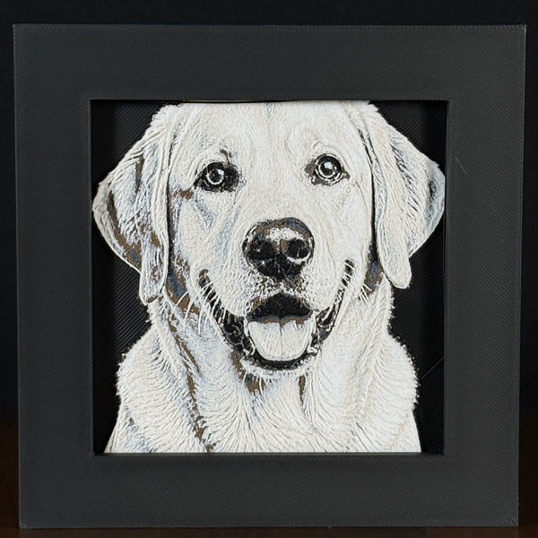 Framed 3D layered art piece featuring a highly detailed, textured portrait of a Yellow Labrador dog with a happy, open-mouthed expression, floppy ears, and bright, expressive eyes.