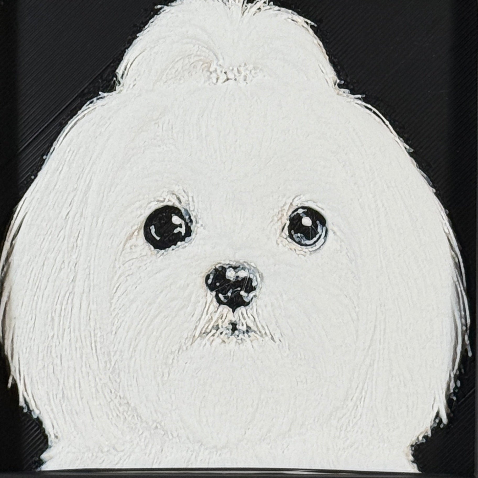 Framed 3D layered art piece featuring a highly detailed, textured portrait of a Maltese dog with dark expressive eyes, a fluffy topknot, and a classic white coat.