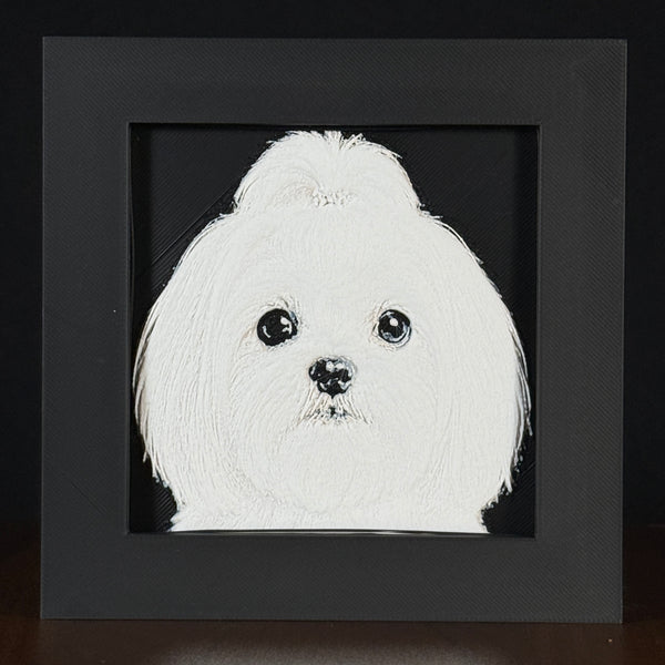 Framed 3D layered art piece featuring a highly detailed, textured portrait of a Maltese dog with dark expressive eyes, a fluffy topknot, and a classic white coat.