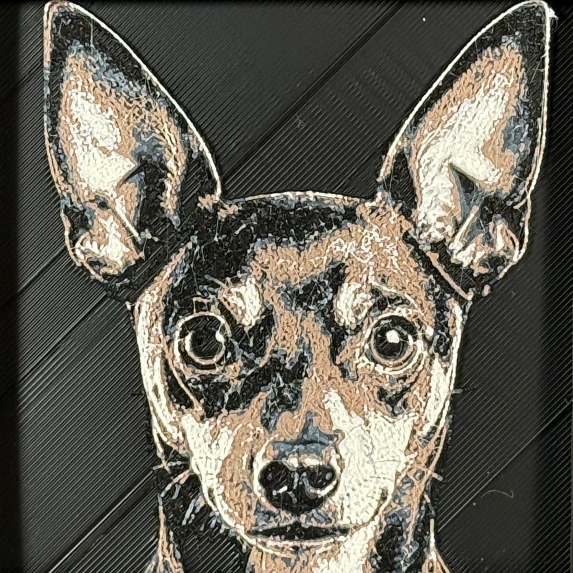 Framed 3D layered art piece featuring a highly detailed, textured portrait of a Miniature Pinscher dog with large erect ears, alert eyes, and a classic black and tan coat pattern.