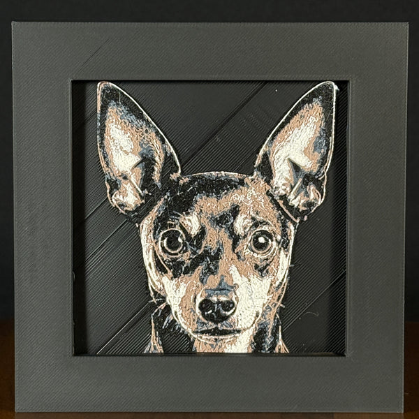 Framed 3D layered art piece featuring a highly detailed, textured portrait of a Miniature Pinscher dog with large erect ears, alert eyes, and a classic black and tan coat pattern.