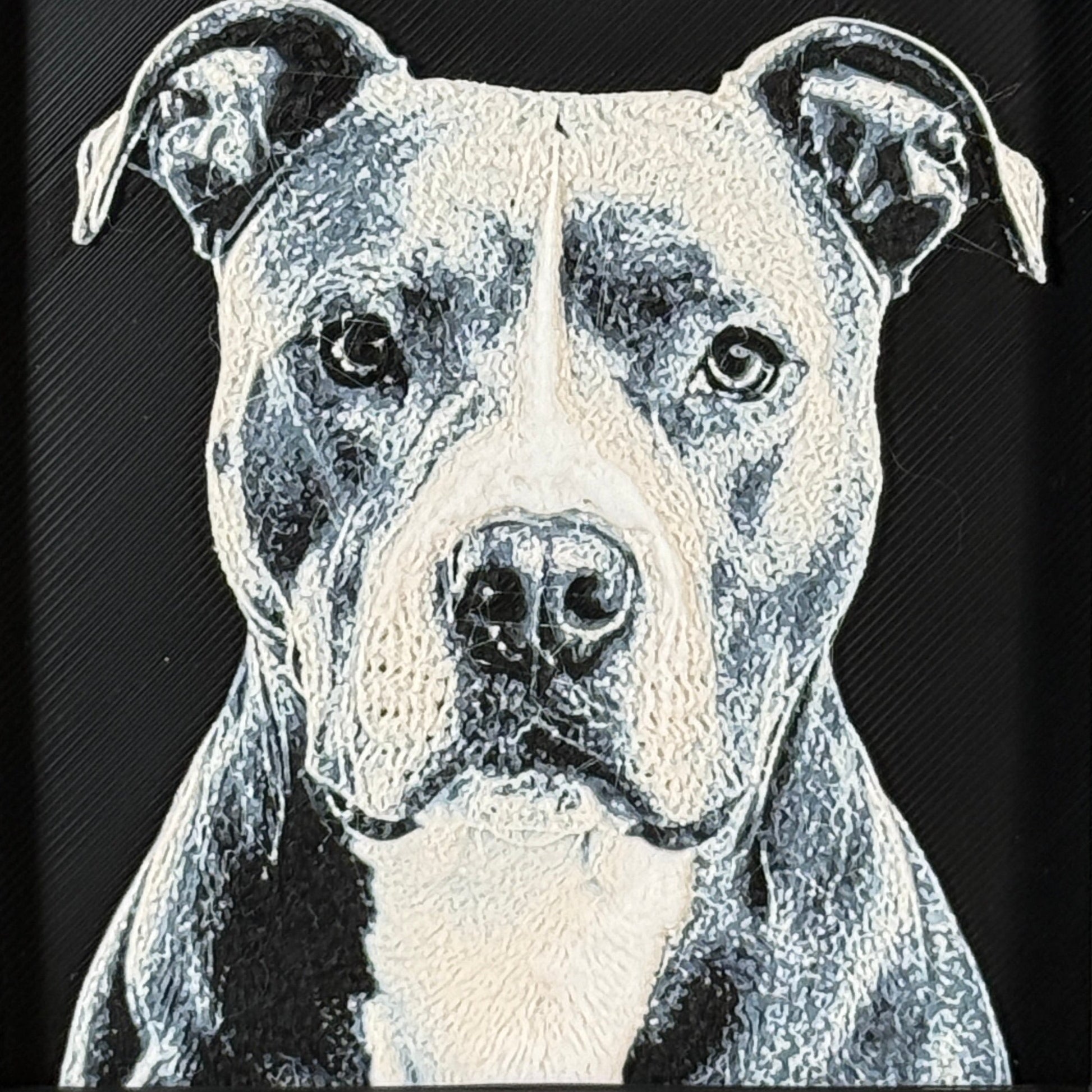 Framed 3D layered art piece featuring a highly detailed, textured portrait of a Pitbull dog with semi-erect ears, alert eyes, and a distinctive grey and white coat pattern.