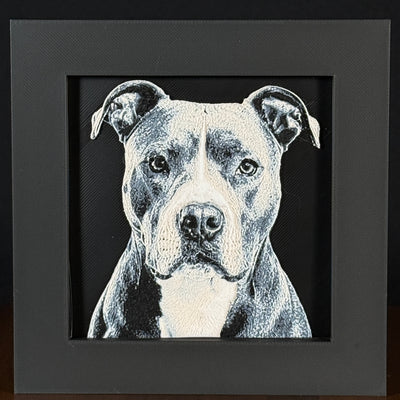 Framed 3D layered art piece featuring a highly detailed, textured portrait of a Pitbull dog with semi-erect ears, alert eyes, and a distinctive grey and white coat pattern.