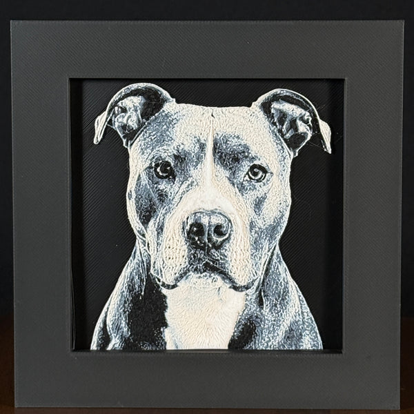 Framed 3D layered art piece featuring a highly detailed, textured portrait of a Pitbull dog with semi-erect ears, alert eyes, and a distinctive grey and white coat pattern.