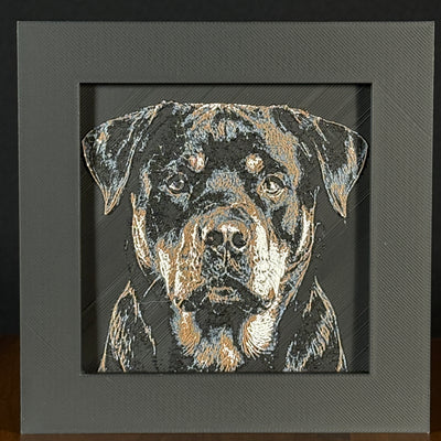 Framed 3D layered art piece featuring a highly detailed, textured portrait of a Rottweiler dog with floppy ears, alert eyes, and a classic black and tan coat pattern.