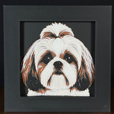 Framed 3D layered art piece featuring a highly detailed, textured portrait of a Shih Tzu dog with a distinctive topknot hairstyle, dark expressive eyes, and a brown and white coat pattern.